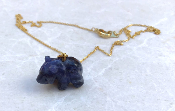 Dark Blue Bear Gemstone animal carvings necklace Gold plated chain necklace Handmade Jewelry