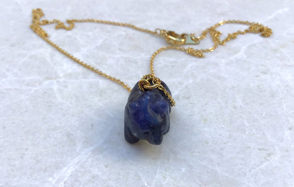 Dark Blue Bear Gemstone animal carvings necklace Gold plated chain necklace Handmade Jewelry