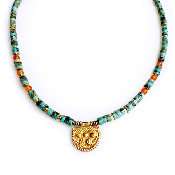 African Turquoise and Carnelian Gemstones Crystals with Brass Beads Boho Hippie Beach Design - Necklace Handmade Jewelry