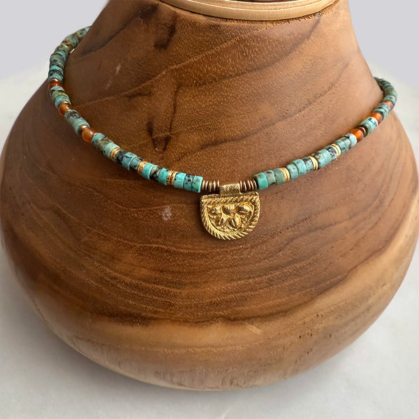 African Turquoise and Carnelian Gemstones Crystals with Brass Beads Boho Hippie Beach Design - Necklace Handmade Jewelry