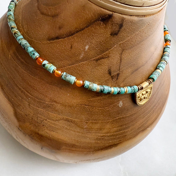 African Turquoise and Carnelian Gemstones Crystals with Brass Beads Boho Hippie Beach Design - Necklace Handmade Jewelry