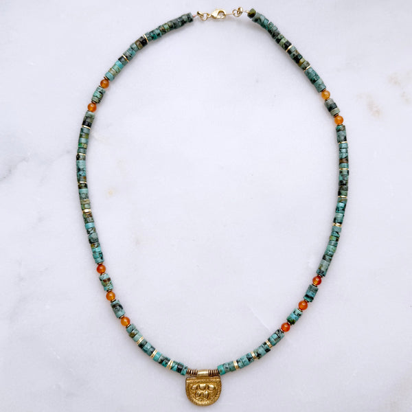 African Turquoise and Carnelian Gemstones Crystals with Brass Beads Boho Hippie Beach Design - Necklace Handmade Jewelry