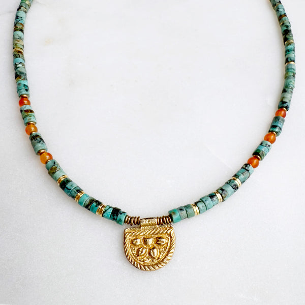 African Turquoise and Carnelian Gemstones Crystals with Brass Beads Boho Hippie Beach Design - Necklace Handmade Jewelry