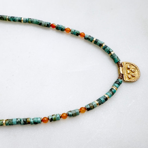 African Turquoise and Carnelian Gemstones Crystals with Brass Beads Boho Hippie Beach Design - Necklace Handmade Jewelry