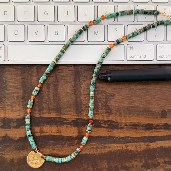 African Turquoise and Carnelian Gemstones Crystals with Brass Beads Boho Hippie Beach Design - Necklace Handmade Jewelry