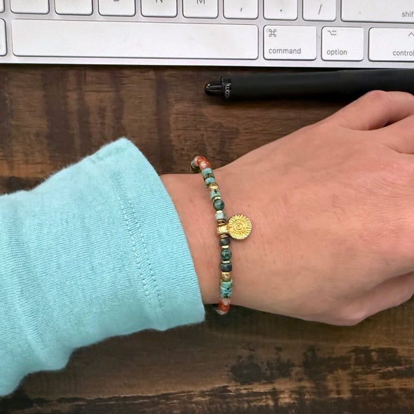 African Turquoise and Carnelian Gemstones Crystals with Brass Beads Boho Hippie Beach Design - Stretch Bracelet Handmade Jewelry