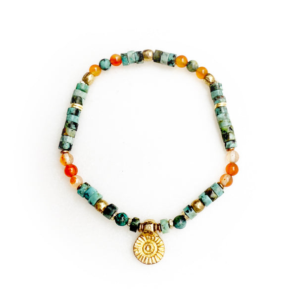 African Turquoise and Carnelian Gemstones Crystals with Brass Beads Boho Hippie Beach Design - Stretch Bracelet Handmade Jewelry