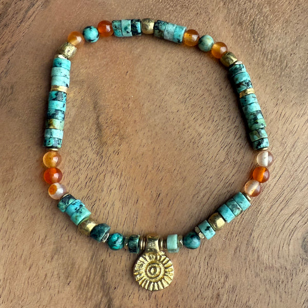 African Turquoise and Carnelian Gemstones Crystals with Brass Beads Boho Hippie Beach Design - Stretch Bracelet Handmade Jewelry