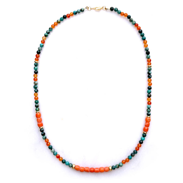 Antique Red Coral, African Turquoise, Carnelian, and Metal Brass Beads Necklace Handmade Jewelry - Boho Hippie Beach Birthday Special Gift