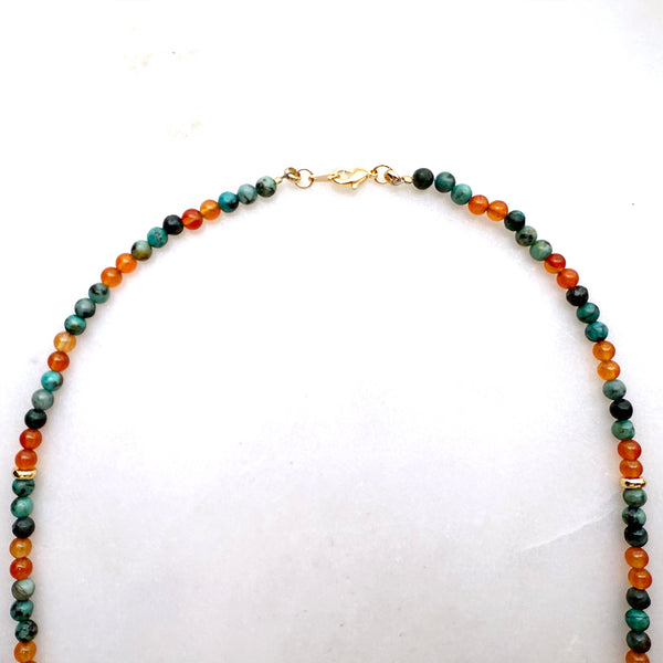 Antique Red Coral, African Turquoise, Carnelian, and Metal Brass Beads Necklace Handmade Jewelry - Boho Hippie Beach Birthday Special Gift