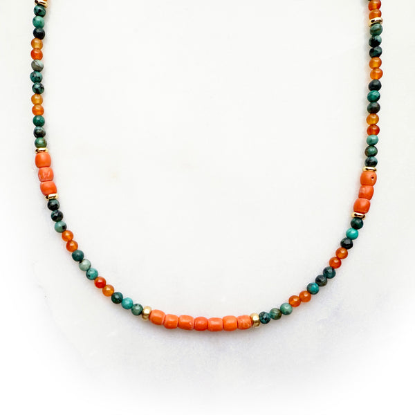 Antique Red Coral, African Turquoise, Carnelian, and Metal Brass Beads Necklace Handmade Jewelry - Boho Hippie Beach Birthday Special Gift