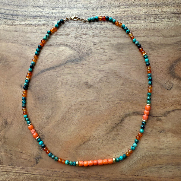 Antique Red Coral, African Turquoise, Carnelian, and Metal Brass Beads Necklace Handmade Jewelry - Boho Hippie Beach Birthday Special Gift