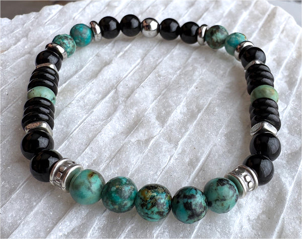 African Turquoise and Black Onyx Beads Gemstones Crystals Boho Hippie Design - Stretch Bracelet Handmade Jewelry