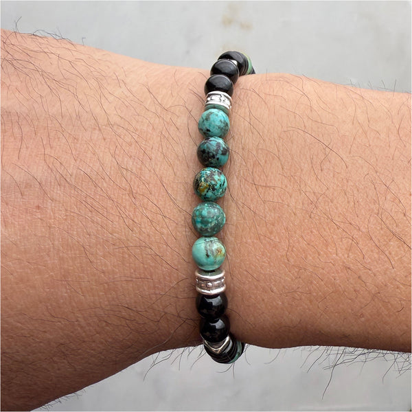 African Turquoise and Black Onyx Beads Gemstones Crystals Boho Hippie Design - Stretch Bracelet Handmade Jewelry