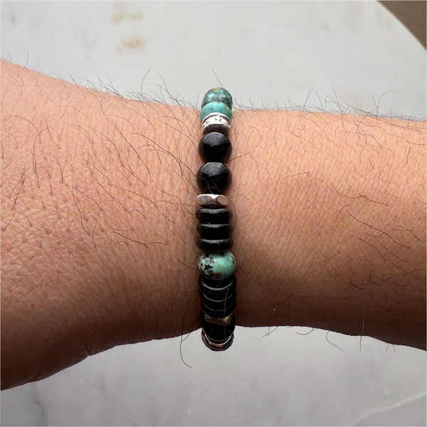 African Turquoise and Black Onyx Beads Gemstones Crystals Boho Hippie Design - Stretch Bracelet Handmade Jewelry