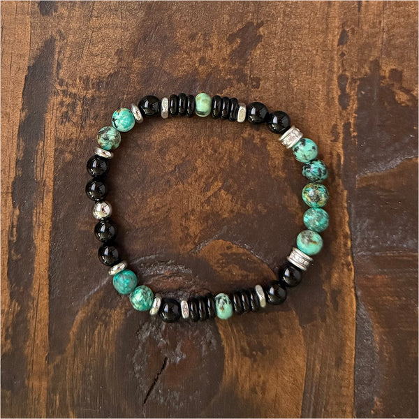 African Turquoise and Black Onyx Beads Gemstones Crystals Boho Hippie Design - Stretch Bracelet Handmade Jewelry