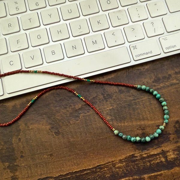 African Turquoise Gemstones Crystals & Glass Beads Boho Hippie Beach Design - Handmade Jewelry Necklace