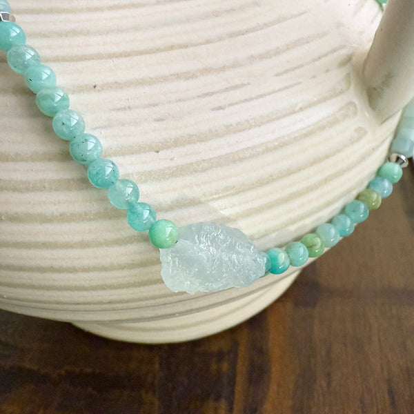 Blue Green Amazonite and Aquamarine Gemstones Crystals Boho Hippie Beach Design - Handmade Jewelry Necklace or Bracelet