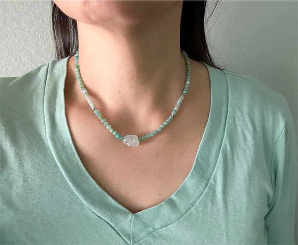 Blue Green Amazonite and Aquamarine Gemstones Crystals Boho Hippie Beach Design - Handmade Jewelry Necklace or Bracelet