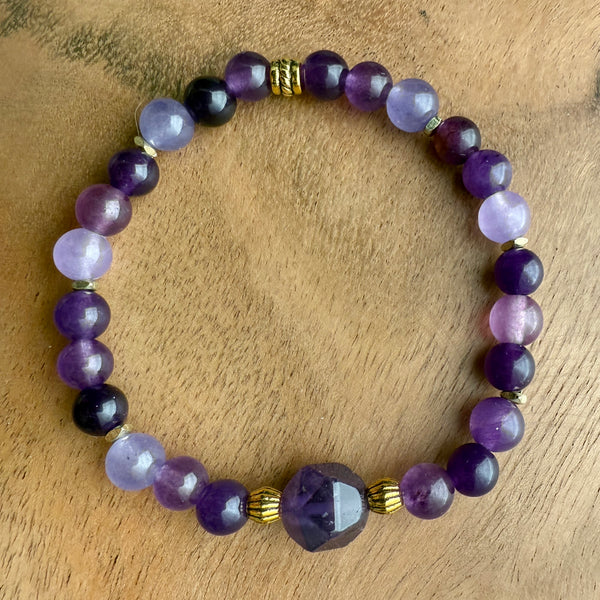 Amethyst Beads Gemstones Crystals Boho Hippie Design - Stretch Bracelet Handmade Jewelry
