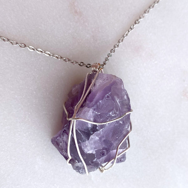 Amethyst Raw Crystal Gemstone Wirewrapped 01 - Necklace Handmade Jewelry - Great gift
