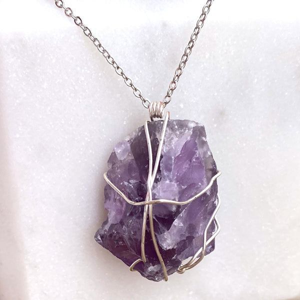 Amethyst Raw Crystal Gemstone Wirewrapped 01 - Necklace Handmade Jewelry - Great gift