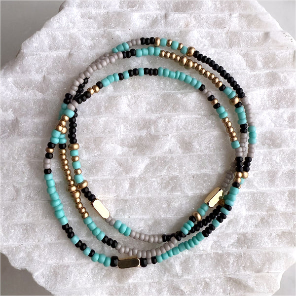 Aqua Grey Black and Gold Czech Glass Seed Beads Stretch Bracelet Boho Hippie Beach Design - Handmade Jewelry