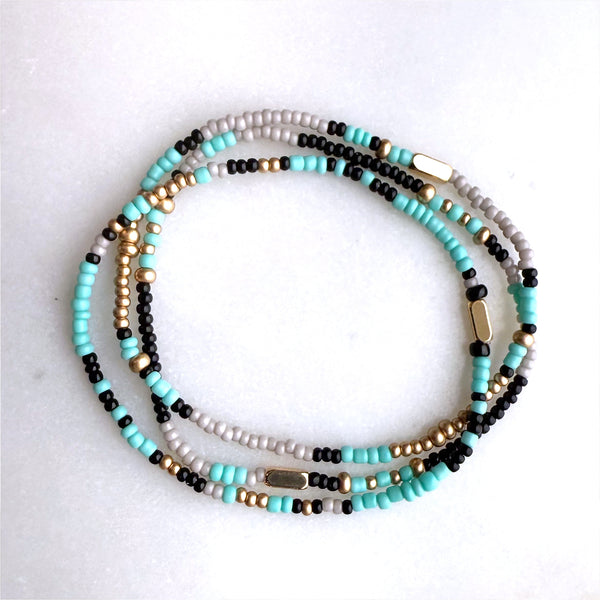 Aqua Grey Black and Gold Czech Glass Seed Beads Stretch Bracelet Boho Hippie Beach Design - Handmade Jewelry