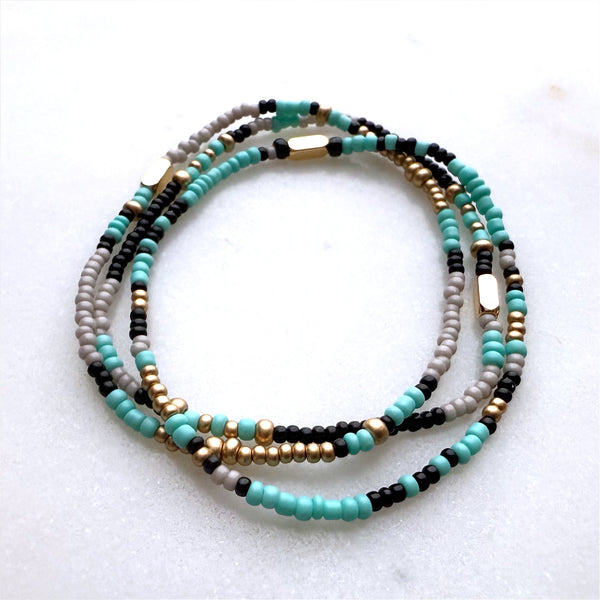 Aqua Grey Black and Gold Czech Glass Seed Beads Stretch Bracelet Boho Hippie Beach Design - Handmade Jewelry