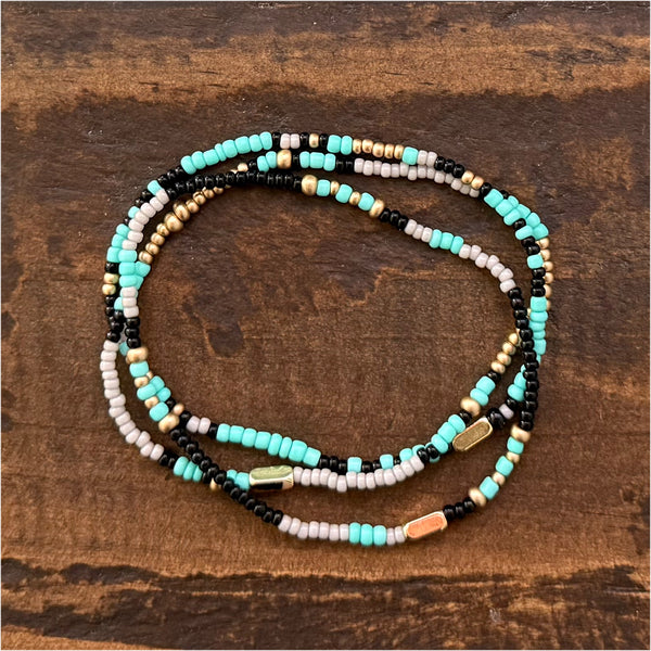Aqua Grey Black and Gold Czech Glass Seed Beads Stretch Bracelet Boho Hippie Beach Design - Handmade Jewelry