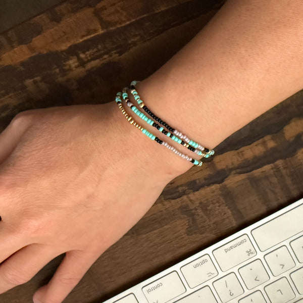 Aqua Grey Black and Gold Czech Glass Seed Beads Stretch Bracelet Boho Hippie Beach Design - Handmade Jewelry