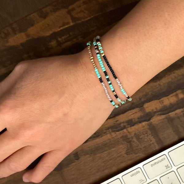 Aqua Grey Black and Gold Czech Glass Seed Beads Stretch Bracelet Boho Hippie Beach Design - Handmade Jewelry