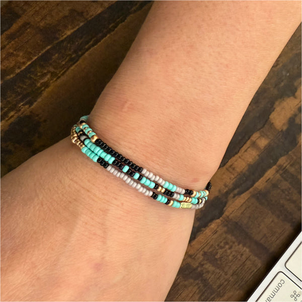 Aqua Grey Black and Gold Czech Glass Seed Beads Stretch Bracelet Boho Hippie Beach Design - Handmade Jewelry