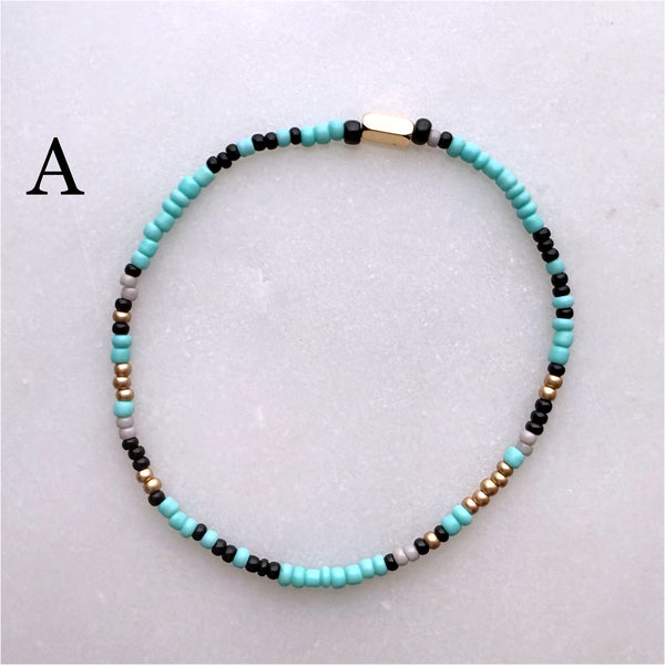 Aqua Grey Black and Gold Czech Glass Seed Beads Stretch Bracelet Boho Hippie Beach Design - Handmade Jewelry