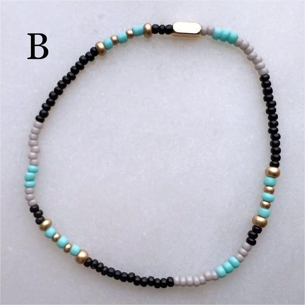 Aqua Grey Black and Gold Czech Glass Seed Beads Stretch Bracelet Boho Hippie Beach Design - Handmade Jewelry