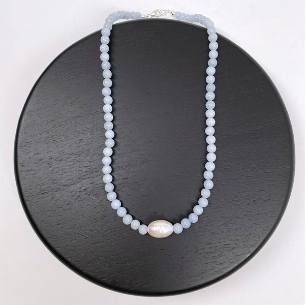 Aquamarine Round Beads and a Large Freshwater Pearl Sterling Silver Necklace Handmade Boho Beach Jewelry