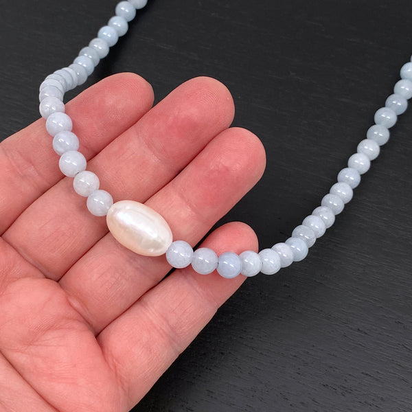Aquamarine Round Beads and a Large Freshwater Pearl Sterling Silver Necklace Handmade Boho Beach Jewelry