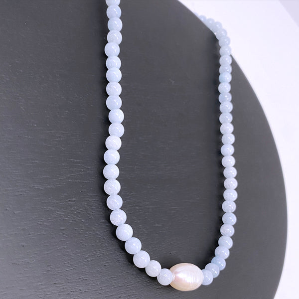 Aquamarine Round Beads and a Large Freshwater Pearl Sterling Silver Necklace Handmade Boho Beach Jewelry