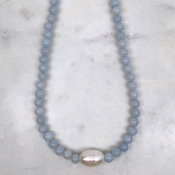 Aquamarine Round Beads and a Large Freshwater Pearl Sterling Silver Necklace Handmade Boho Beach Jewelry