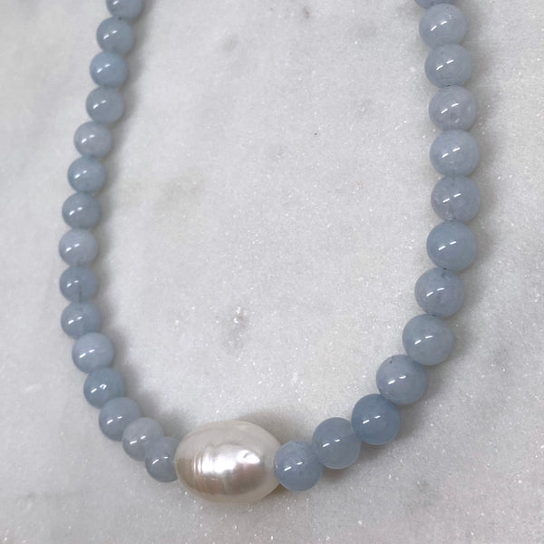Aquamarine Round Beads and a Large Freshwater Pearl Sterling Silver Necklace Handmade Boho Beach Jewelry