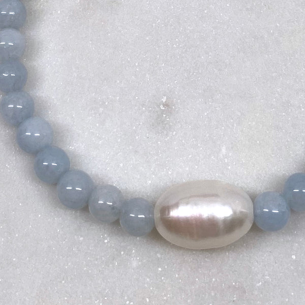 Aquamarine Round Beads and a Large Freshwater Pearl Sterling Silver Necklace Handmade Boho Beach Jewelry