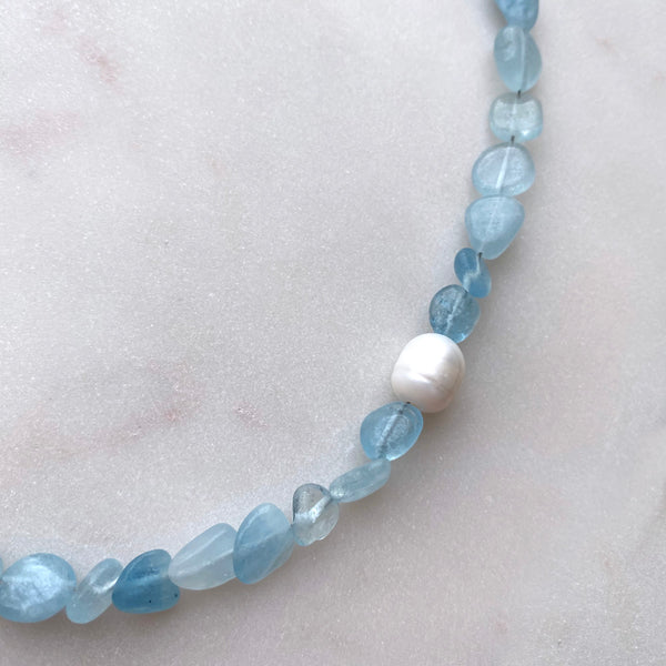 Aquamarine Pebbles and Two Freshwater Pearls Sterling Silver Necklace Handmade Boho Beach Jewelry