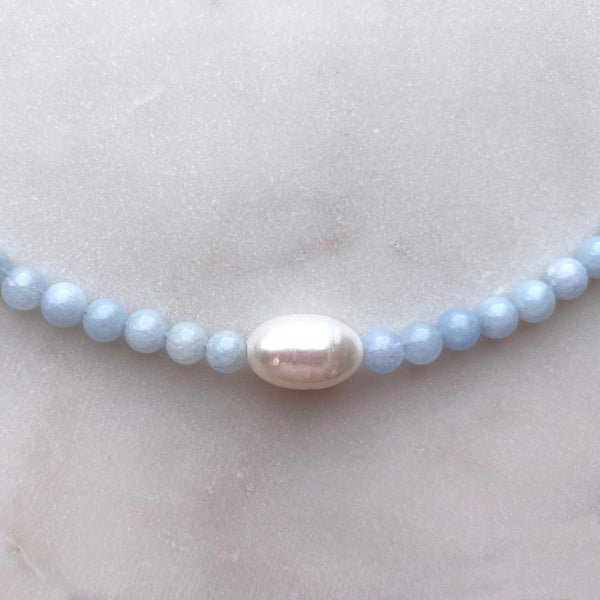 Aquamarine Round Beads and a Large Freshwater Pearl Sterling Silver Necklace Handmade Boho Beach Jewelry