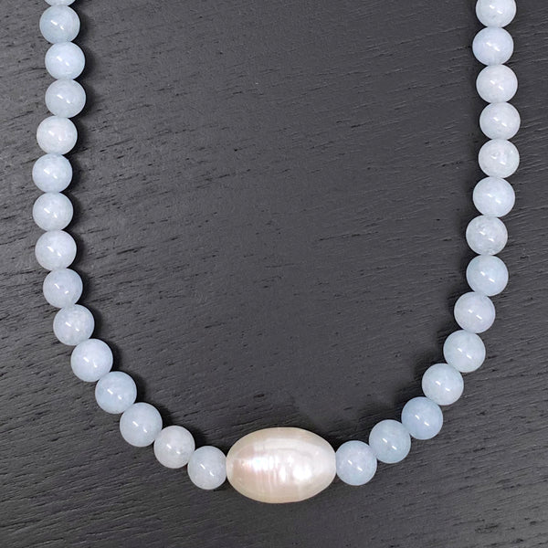 Aquamarine Round Beads and a Large Freshwater Pearl Sterling Silver Necklace Handmade Boho Beach Jewelry
