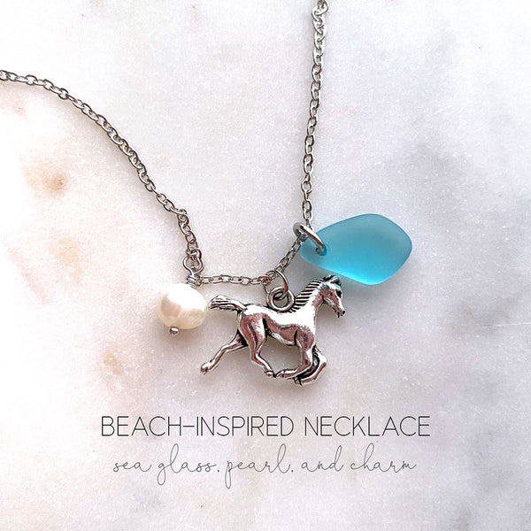Beach Sea Glass Necklace with Freshwater Pearl, Sea Glass & Starfish Turtle Mermaid Mountain Trees Angel Wings Horse Charm Handmade Jewelry