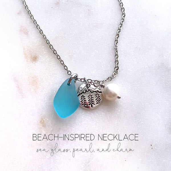 Beach Sea Glass Necklace with Freshwater Pearl, Sea Glass & Starfish Turtle Mermaid Mountain Trees Angel Wings Horse Charm Handmade Jewelry