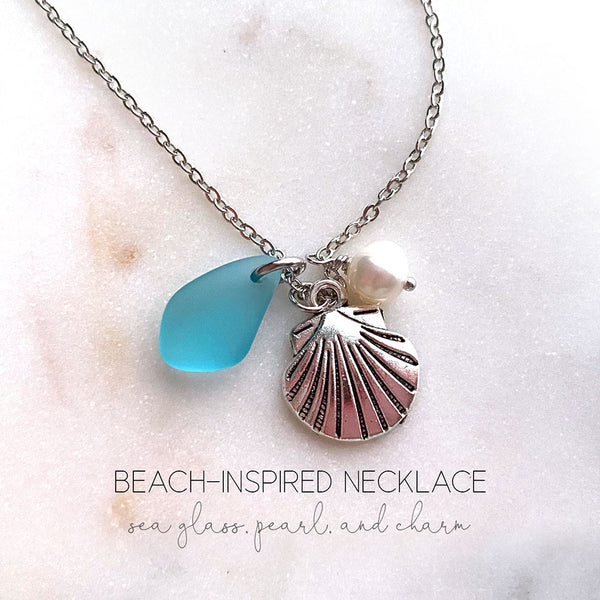 Beach Sea Glass Necklace with Freshwater Pearl, Sea Glass & Starfish Turtle Mermaid Mountain Trees Angel Wings Horse Charm Handmade Jewelry