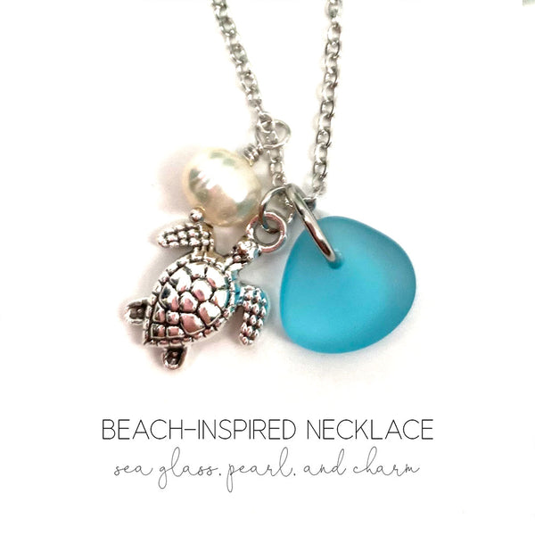 Beach Sea Glass Necklace with Freshwater Pearl, Sea Glass & Starfish Turtle Mermaid Mountain Trees Angel Wings Horse Charm Handmade Jewelry