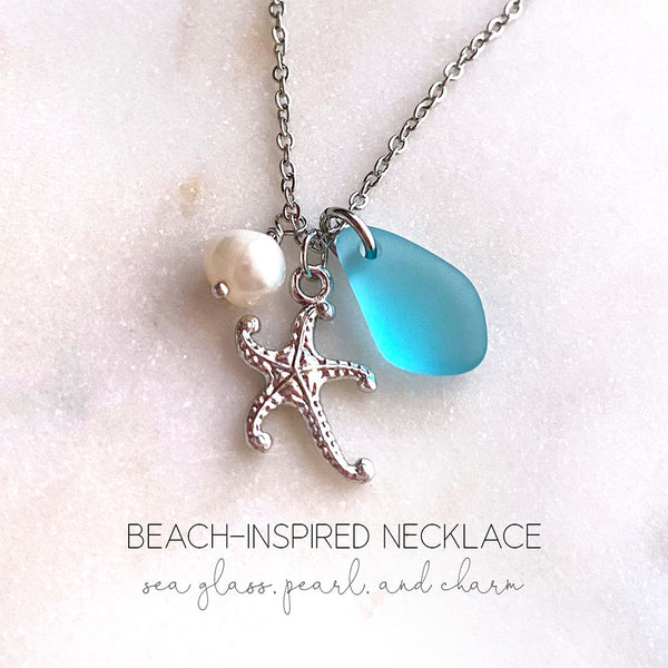Beach Sea Glass Necklace with Freshwater Pearl, Sea Glass & Starfish Turtle Mermaid Mountain Trees Angel Wings Horse Charm Handmade Jewelry