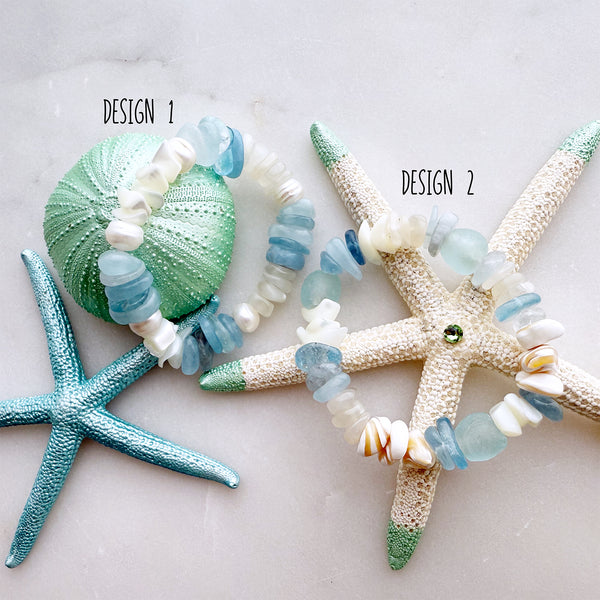 Beach Inspired Stretch Bracelet made of Aquamarine Gemstone, Shells, Sea Glass Beads Gemstones Crystals Boho Hippie Design - Handmade Jewelry